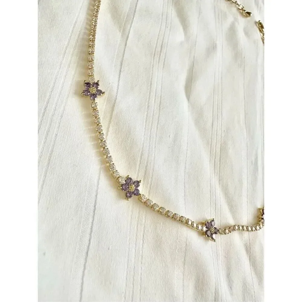 Light purple flower sparkly cubic zirconia tennis necklace